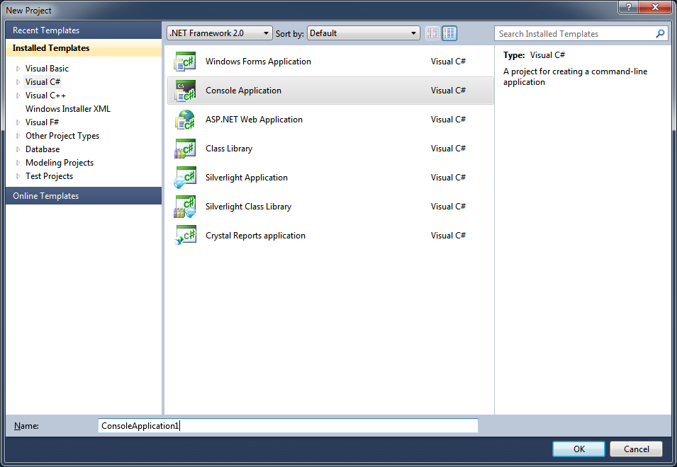 New project dialog in Visual Studio 2010