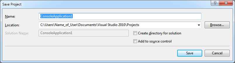 Save project dialog in Visual Studio 2010