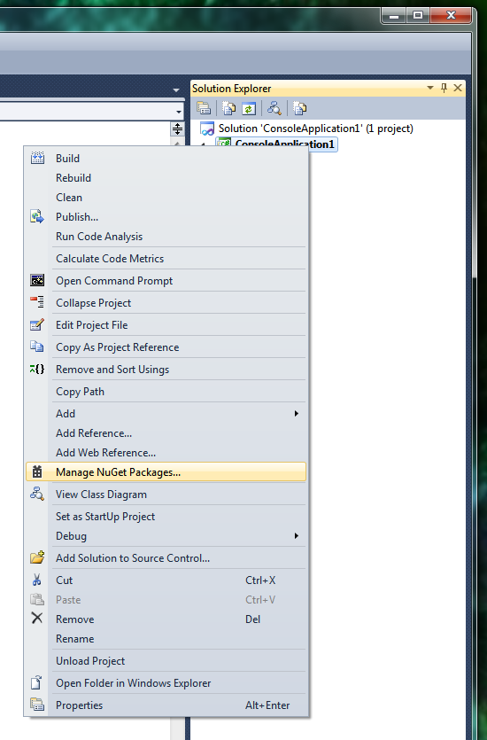 NuGet on Visual Studio 2010 project context menu